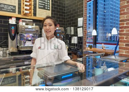 CHICAGO, IL - CIRCA MARCH, 2016: indoor portrait of staff in Pret a Manger. Pret a Manger is a sandwich shop chain based in the United Kingdom