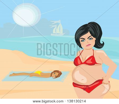 angry fat girl on vacation on the beach  , vector illustration
