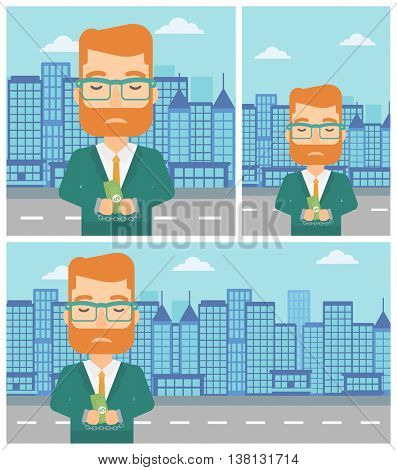 Young hipster businessman in handcuffs with money in hands on the background of modern city. Businessman handcuffed for crime. Vector flat design illustration. Square, horizontal, vertical layouts.