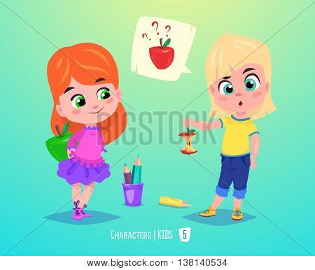 Cute SchoolGirls. Back to School isolated cartoon characters on blue background. Great illustration for a school books and more. VECTOR stock illustration.