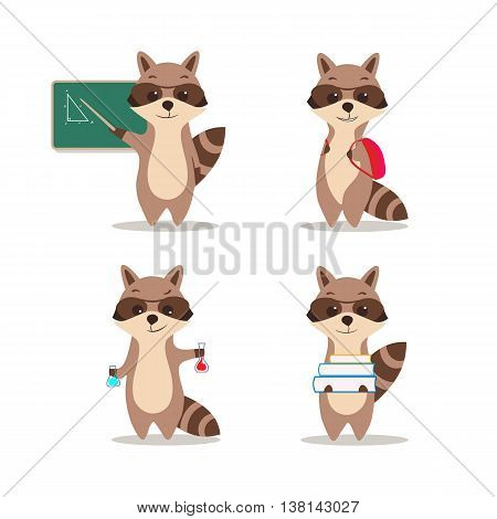 At school. Cute raccoon at a lesson of geometry wrote in chalk on blackboard. At a lesson of chemistry. With a backpack. With textbooks. Isolated white background.