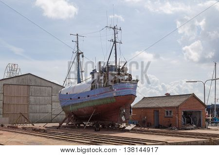 Hundested, Denmark - July 11, 2016: A boat in the dry dock.