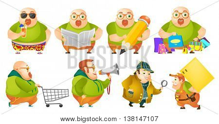 Set of illustrations of cheerful fat man drinking cocktail, reading newspaper, drawing with pencil, doing shopping, using megaphone, carrying box. Vector illustration isolated on white background.