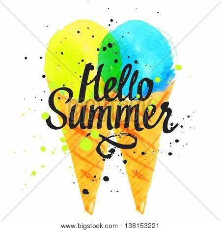Illustration With Ice Cream In A Cone. Hello Summer.