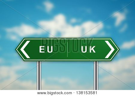 EURO and UK on green road sign with blurred blue sky brexit or british exit concept