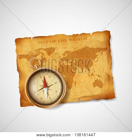 Old vintage antique world map and compass. Stock vector illustration.