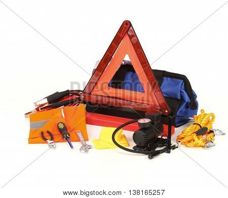 Emergency kit for car isolated on white background