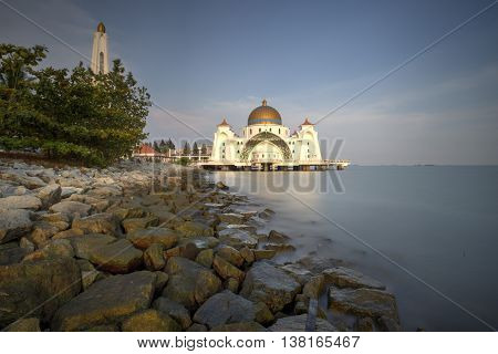 Malacca Straits Mosque (Masjid Selat) during sunset
