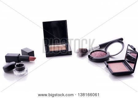 makeup set isolated on white background with copyspace