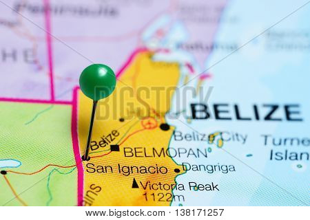 San Ignacio pinned on a map of Belize