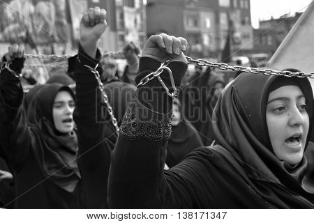 Istanbul Turkey - November 3 2014: Universal Ashura Mourning Ceremony. Day of Ashura. A Universal Ashura Mourn Ceremony was held in Istanbul to commemorate the martyrdom of Husain ibn Ali the grandson of the Prophet Muhammad and his 71 friends.