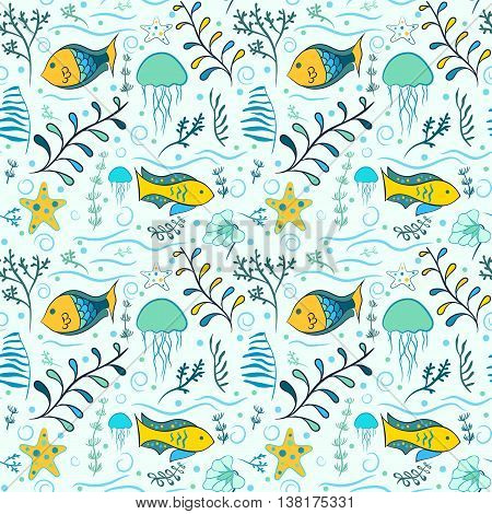 Underwater seamless pattern with marine elements - fish, seaweed, starfish, jellyfish.