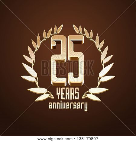 25 years anniversary vector logo icon. 25th birthday age classic decoration design element sign emblem symbol with gold branch