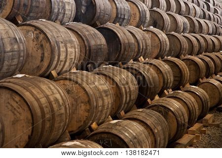 Wine barrels stacked in the old cellar of the winery.