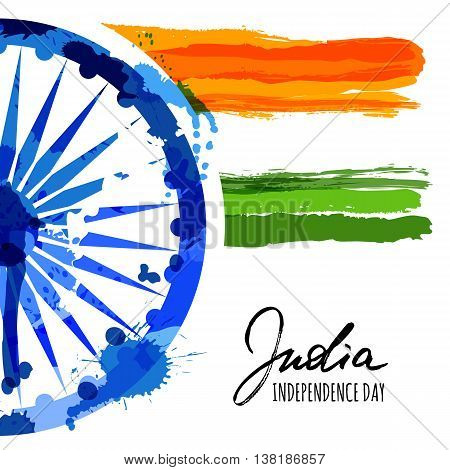 Vector watercolor illustration of India flag and hand drawn calligraphy. Holiday poster with ashoka wheel and indian flag. Design for banner or greeting cards. India Independence Day background.