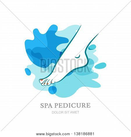 Womens foot on water splash background. Vector logo, label, emblem design elements. Abstract design concept for beauty salon, spa pedicure, cosmetic, organic care. Isolated illustration.