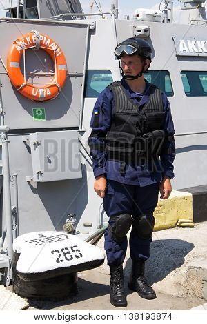 Odesa, Ukraine - July 03, 2016: Military sailors near new warship 'Akerman'. Celebration of Ukrainian NAVY forces day