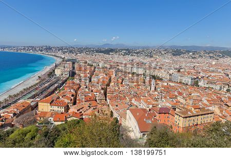 NICE FRANCE - APRIL 11 2016: View of historic center of Nice France from the Castle Hill. Nice (Nicaea) was probably founded around 350 BC by the Greeks of Massilia