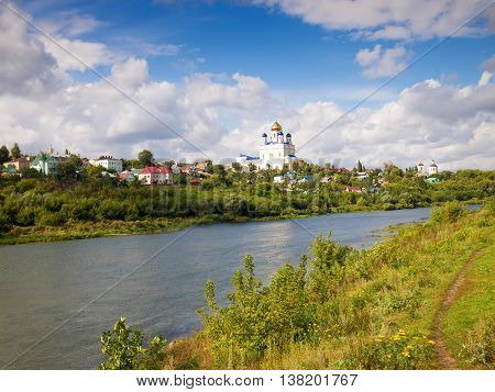 Riverfront Bystraya Sosna and the Ascension (Voznesensky) Cathedral. Yelets Lipetsk region Russia.