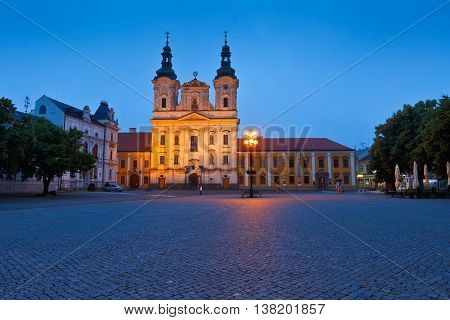UHERSKE HRADISTE, CZECH REPUBLIC - JUNE 21, 2016: Church in the main square of Uherske Hradiste early in the morning on June 21, 2016.