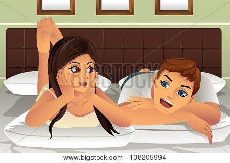 A vector illustration of couple talking on the bed before sleeping