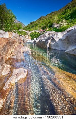 Double Arch Stone Bridge At Ponte Dei Salti With Waterfall, Lavertezzo, Verzascatal, Canton Tessin.