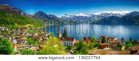 Panorama Image Of Village Wegis, Lake Lucerne (vierwaldstatersee), Pilatus Mountain And Swiss Alps I