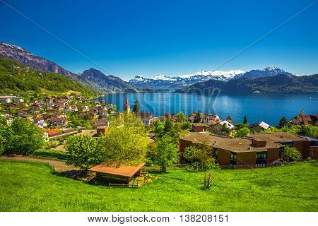 Village Weggis lake Lucerne (Vierwaldstattersee) Pilatus mountain and Swiss Alps in the background near famous Lucerne city Switzerland