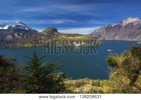 View to Swiss Alps and Lucerne lake from Sisikon village Switzerland