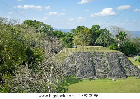 The pyramid at the Plaza A-1 at Xunantunich archaeological site and the panoramic views seen from the top of El Castillo pyramid San Ignacio Belize