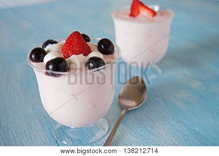 The famous dessert- Bavarian cream with strawberry and blueberries