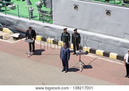 Odesa, Ukraine - July 03, 2016: Ukrainian president Petro Poroshenko at the pier of Odesa's port. Navy day celebration in Odesa