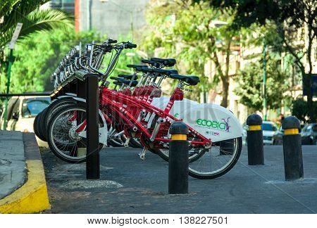 CIUDAD DE MEXICO / MEXICO - FEBRUARY 23 2016: Row of city bikes for rent in Mexico City