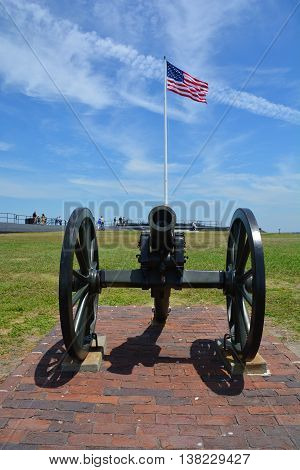 CHARLESTON SC 06 25 2016: Canon Fort Sumter is a sea fort in Charleston notable for 2 battles of the American Civil War. was one of a number of many special forts planned after the War of 1812