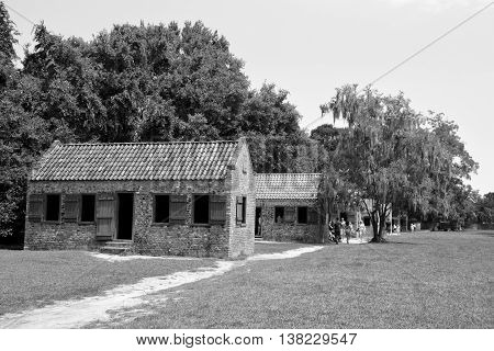 CHARLESTON SOUTH CAROLINA JUNE 28 2016: Slave cabins in Boone Hall Plantation in Mount Pleasant, the slave houses are insightful, and the Gullah Culture explanation is informative