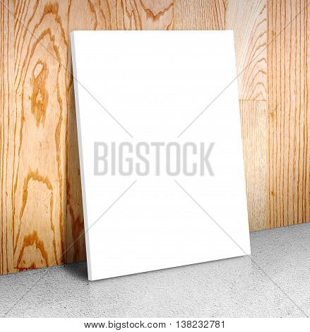 Blank White Poster Frame At Concrete Floor And Wooden Wall, Canvas Frame Template Mock Up For Adding