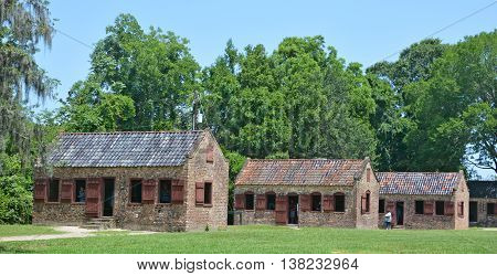 CHARLESTON SOUTH CAROLINA JUNE 28 2016: Slave cabins in Boone Hall Plantation in Mount Pleasant, the slave houses are insightful, and the Gullah Culture explanation is informative