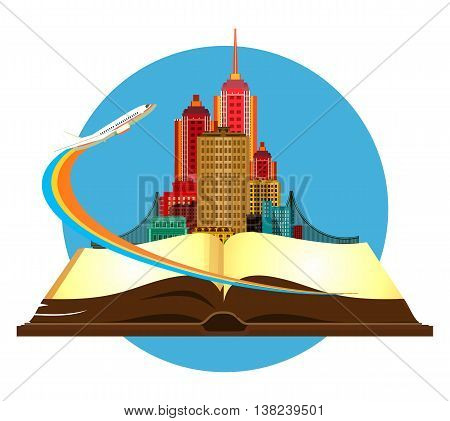 vector illustration round emblem metropolis with a bridge on the open book of the aircraft taking off