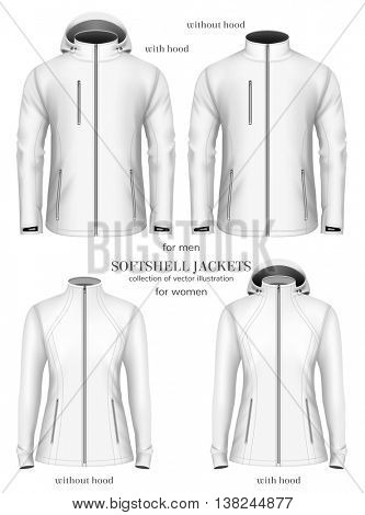 Set of women's and men's softshell jackets. Fully editable handmade mesh. Vector illustration.