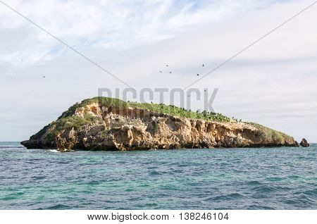Small limestone rock islands with native flora and nesting pied cormorants in the Indian Ocean waters off the coast of Rockingham, Western Australia.