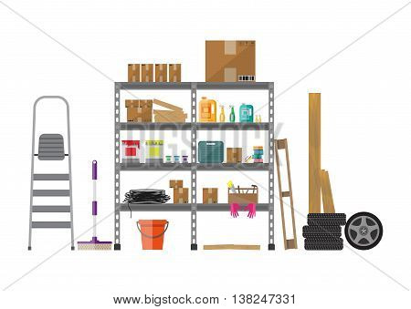 Interior of storeroom with metal shelves, storage, boxes, stair, wheels, cleaning accessories isolated on white. flat style