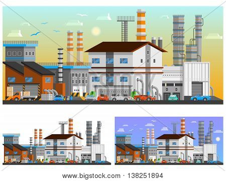 Industrial buildings in the city orthogonal compositions set flat isolated vector illustration