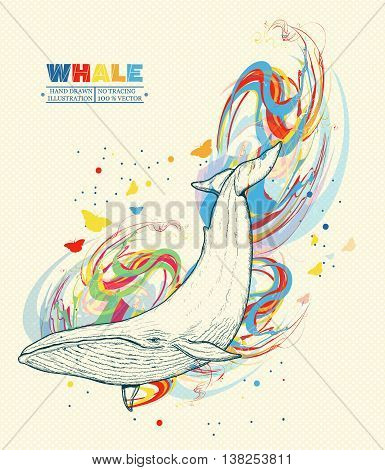 Whale dives into the water whale art hand drawn vector illustration