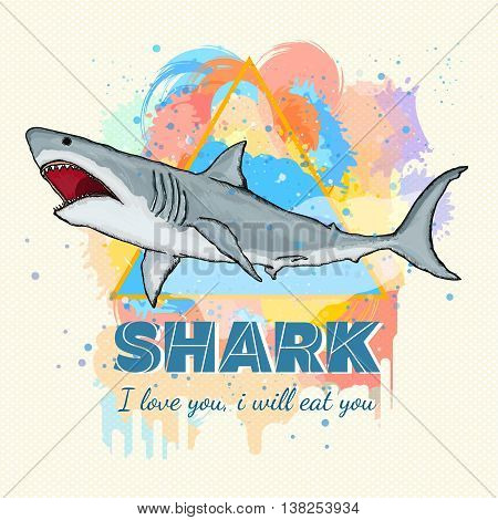 Shark on a colored background tattoo art great white shark template for printing on t-shirts vector illustration