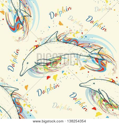Dolphins seamless pattern hand drawn vector. Marine background color diving doplhins