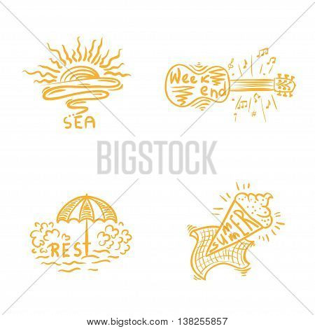 Summer time handwritten lettering and emblems of sea and rest. Weekand illustration. Vector isolated collection.
