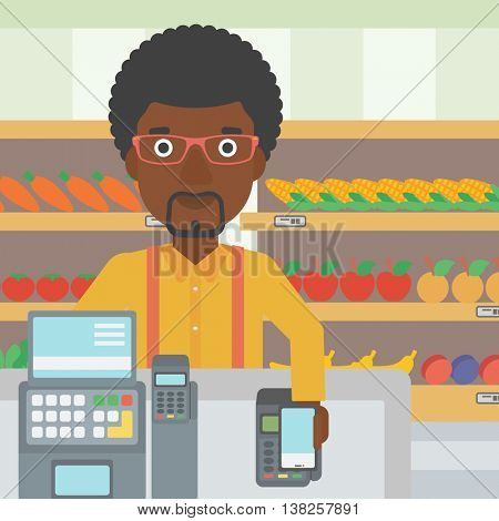An african-american man paying wireless with his smartphone at the supermarket checkout . Male customer making payment for purchase with smartphone. Vector flat design illustration. Square layout.