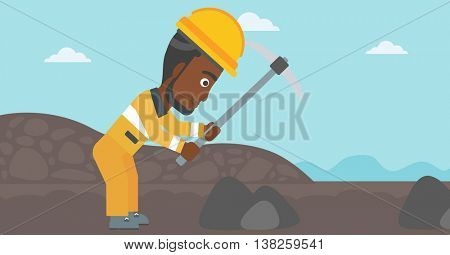 An african-american miner working with a pickaxe. Mine worker in hard hat. Miner at the coal mine. Vector flat design illustration. Horizontal layout.
