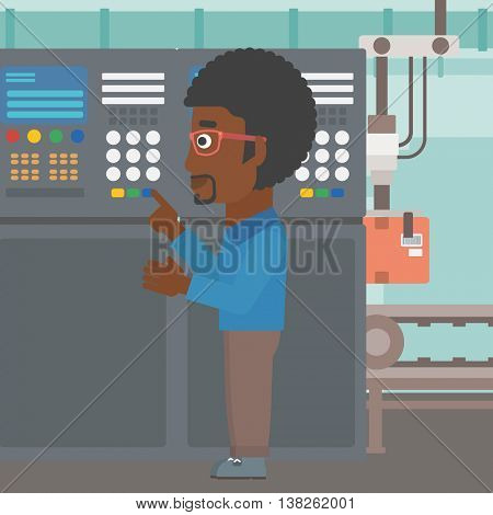 An african-american man working on control panel. Man pressing button at control panel in plant. Engineer standing in front of the control panel. Vector flat design illustration. Square layout.