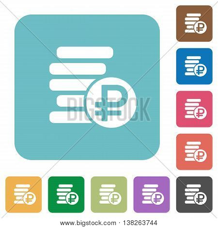 Flat ruble coins symbol icons on rounded square color backgrounds.